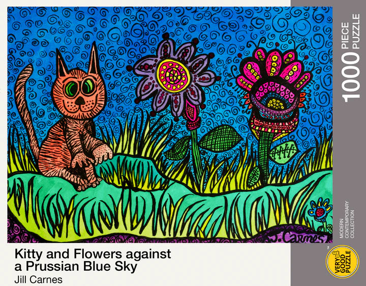 Kitty and Flowers against a Prussian Blue Sky by Jill Carnes - 1000 piece jigsaw puzzle