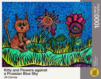 Kitty and Flowers against a Prussian Blue Sky by Jill Carnes - 1000 piece jigsaw puzzle